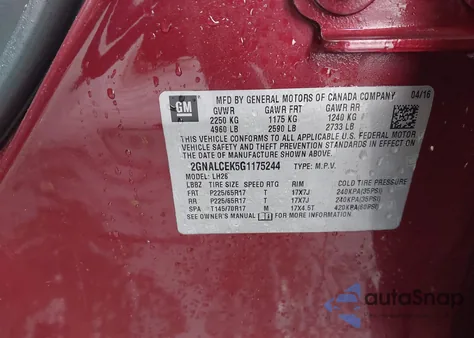 2016 Chevrolet Equinox Lt z USA, uszkodzony, nr VIN 2GNALCEK5G1175244